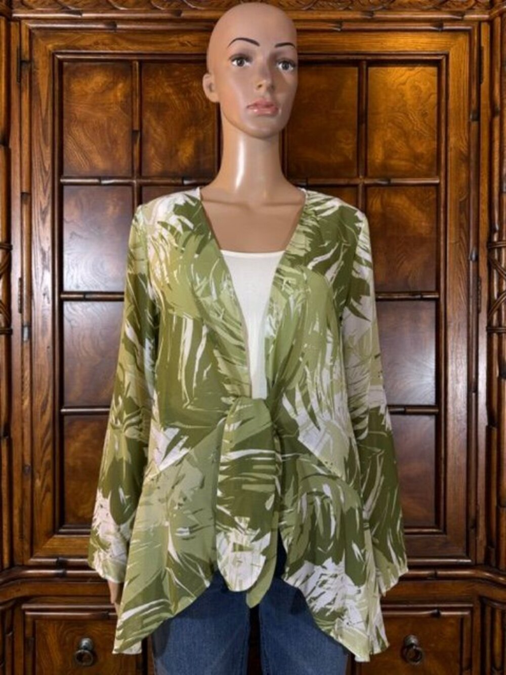 G by Giuliana Chiffon Olive Sage Ivory Palm Tie Front Cascade Jacket